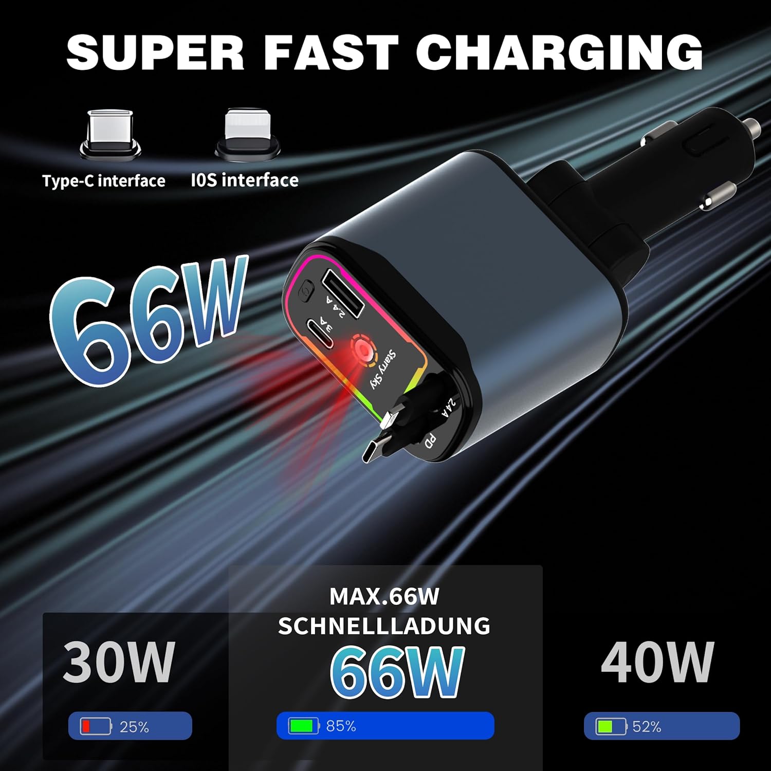 4 IN 1 Retractable Car Phone Charger WITH STAR LIGHTS