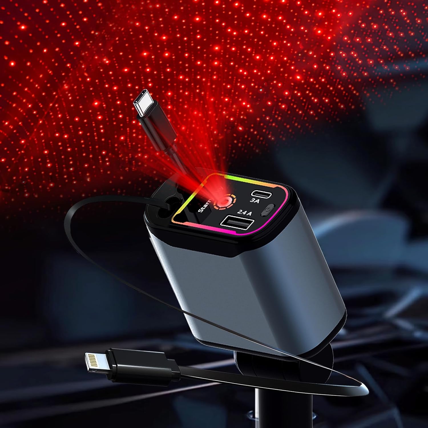 4 IN 1 Retractable Car Phone Charger WITH STAR LIGHTS